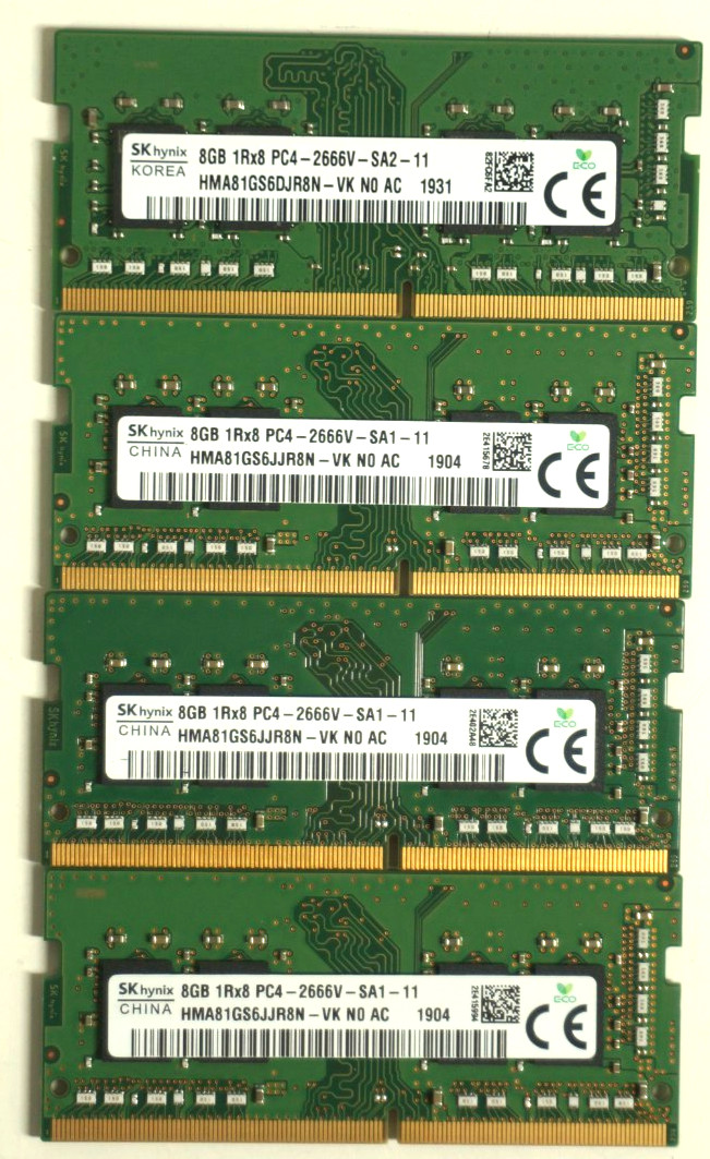 Lot of 4 SK Hynix 8GB 1Rx8 PC4-2666V-SA1-11 Laptop Memory