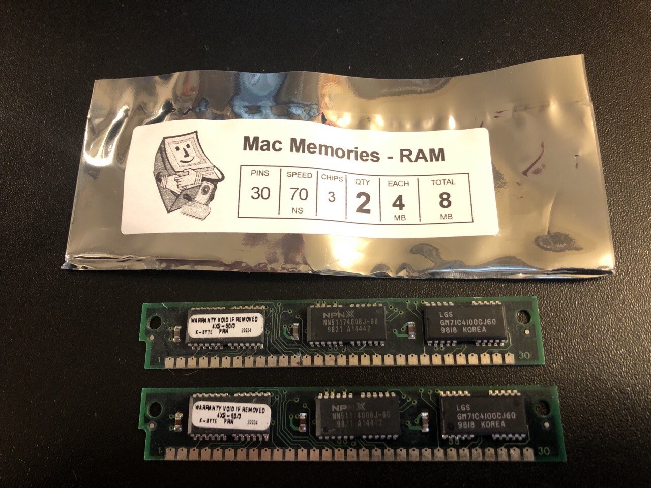 2x 4MB 30-Pin 3-Chip Parity 70ns 4Mx9 LC CC FPM Memory 8MB Apple Mac LC RAM