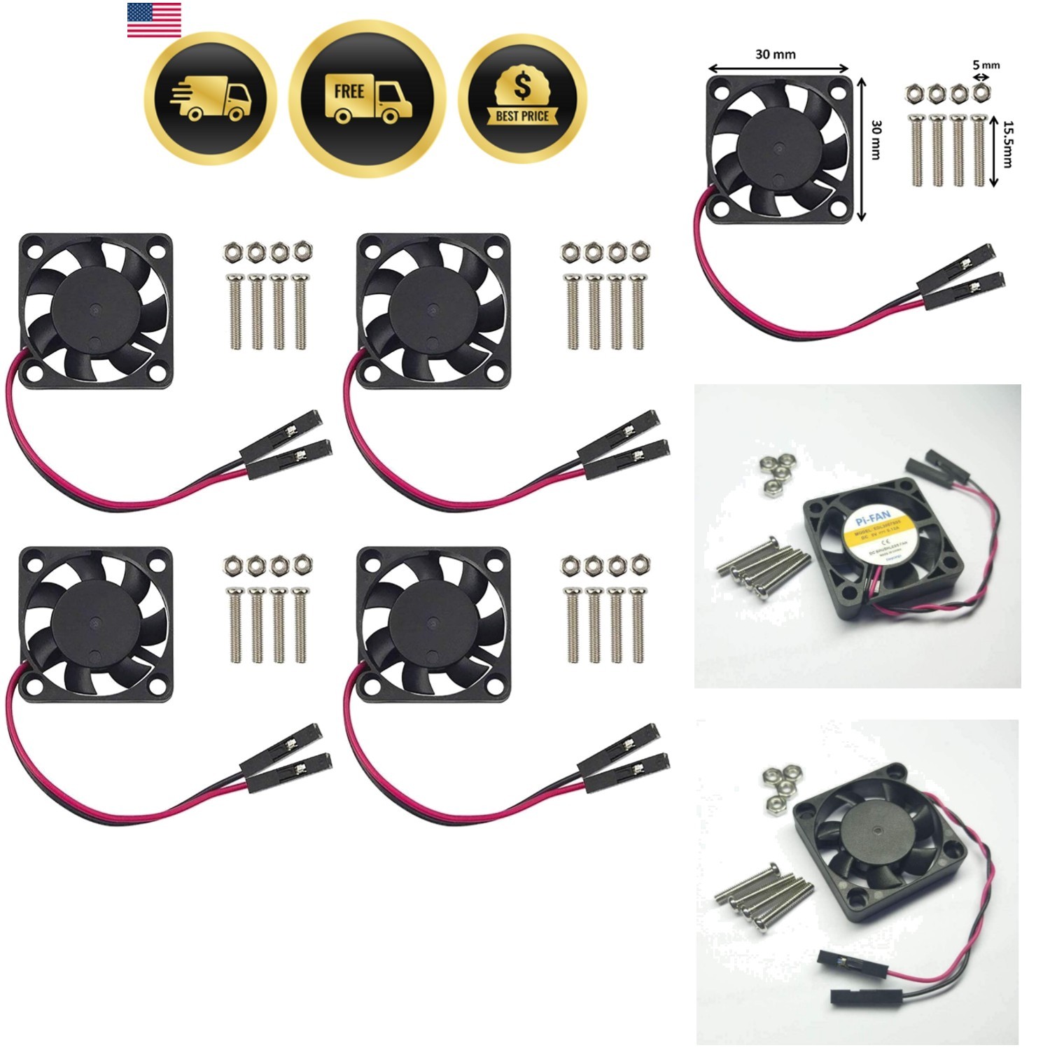 30mm Fan 5V 3.3V DC Quiet Fan for Raspberry Pi 5 4 3B+ 3007 4-Sets