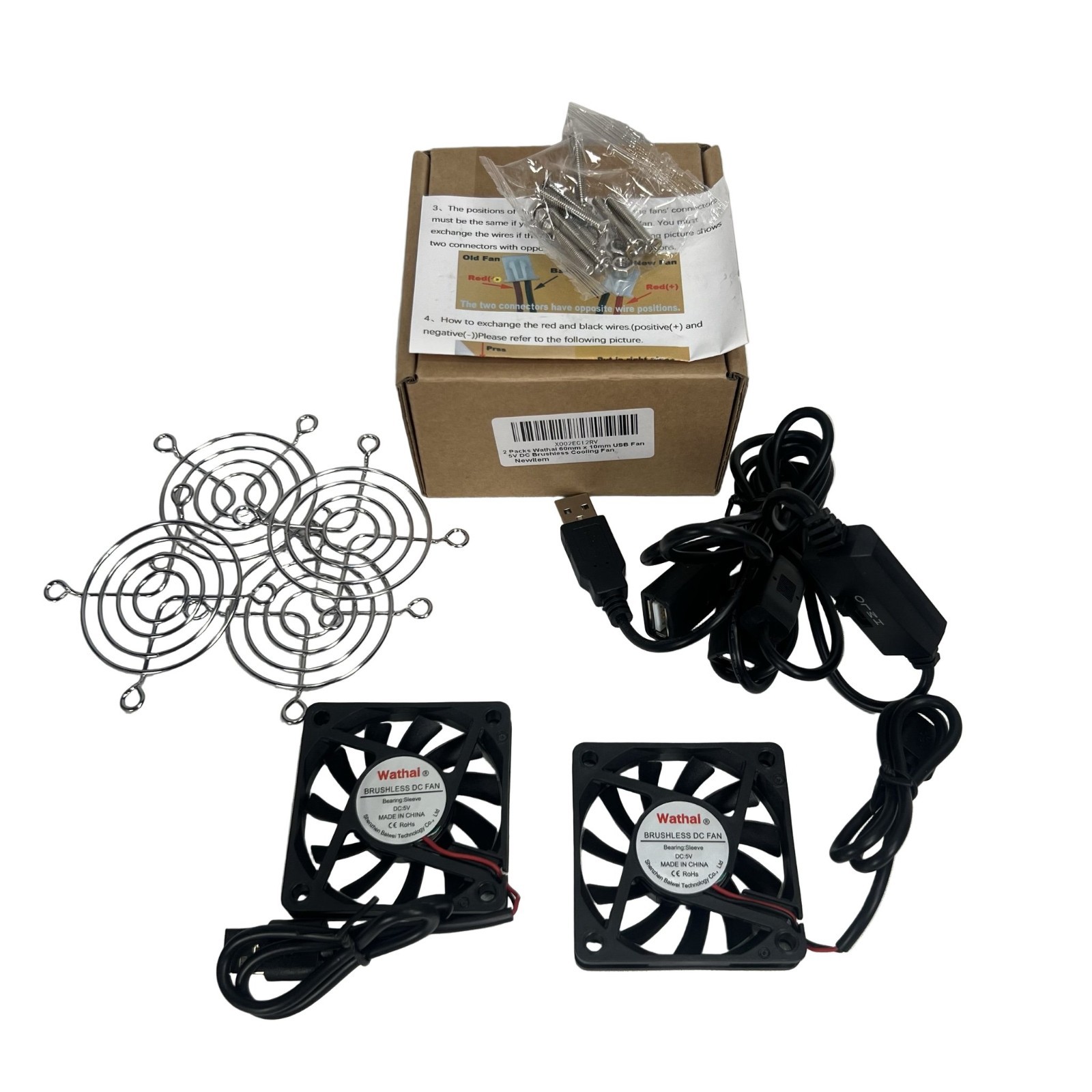 Wathai USB Computer Fan 60mm Black Silver 2 Pack Brushless Speed Control