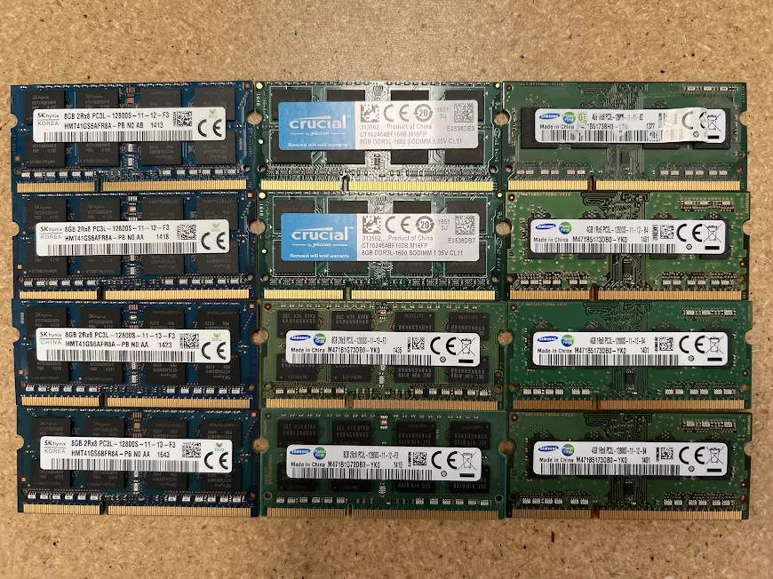 MIXED LOT OF 12- DDR3 Sodimm PC3L-12800 Ram Sticks-8x 8GB, 4x 4GB =80GB Total