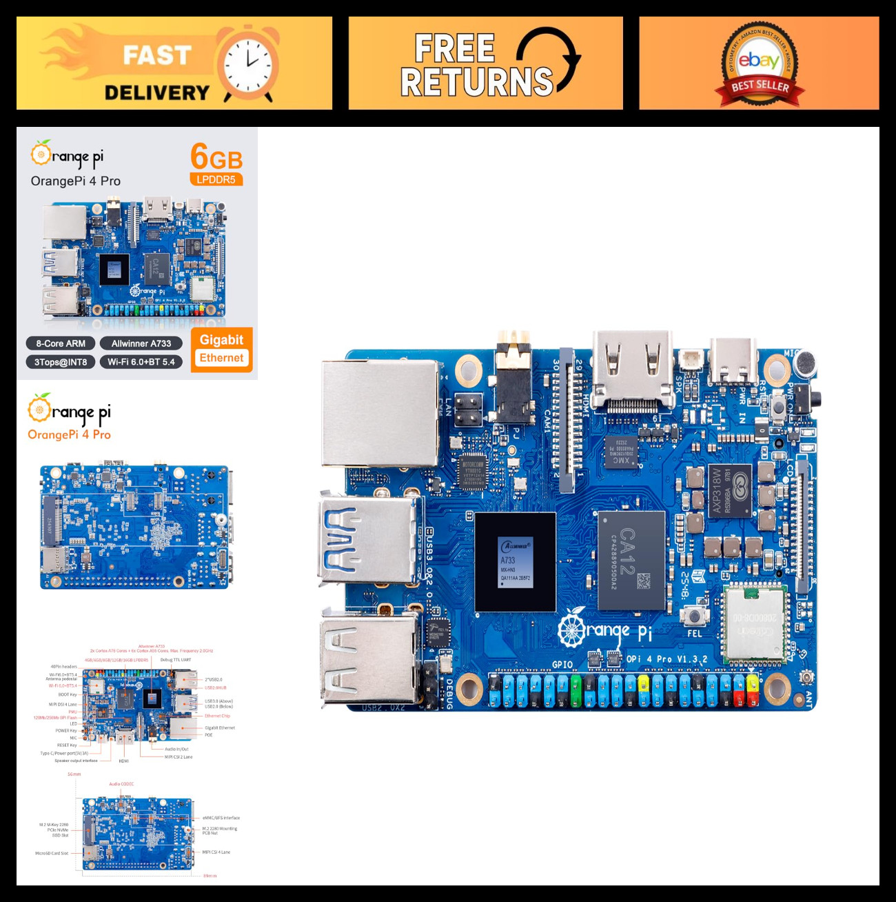6GB LPDDR5 Single Board Computer, 8-Core Mini PC, WiFi 6, Bluetooth 5.4, Android