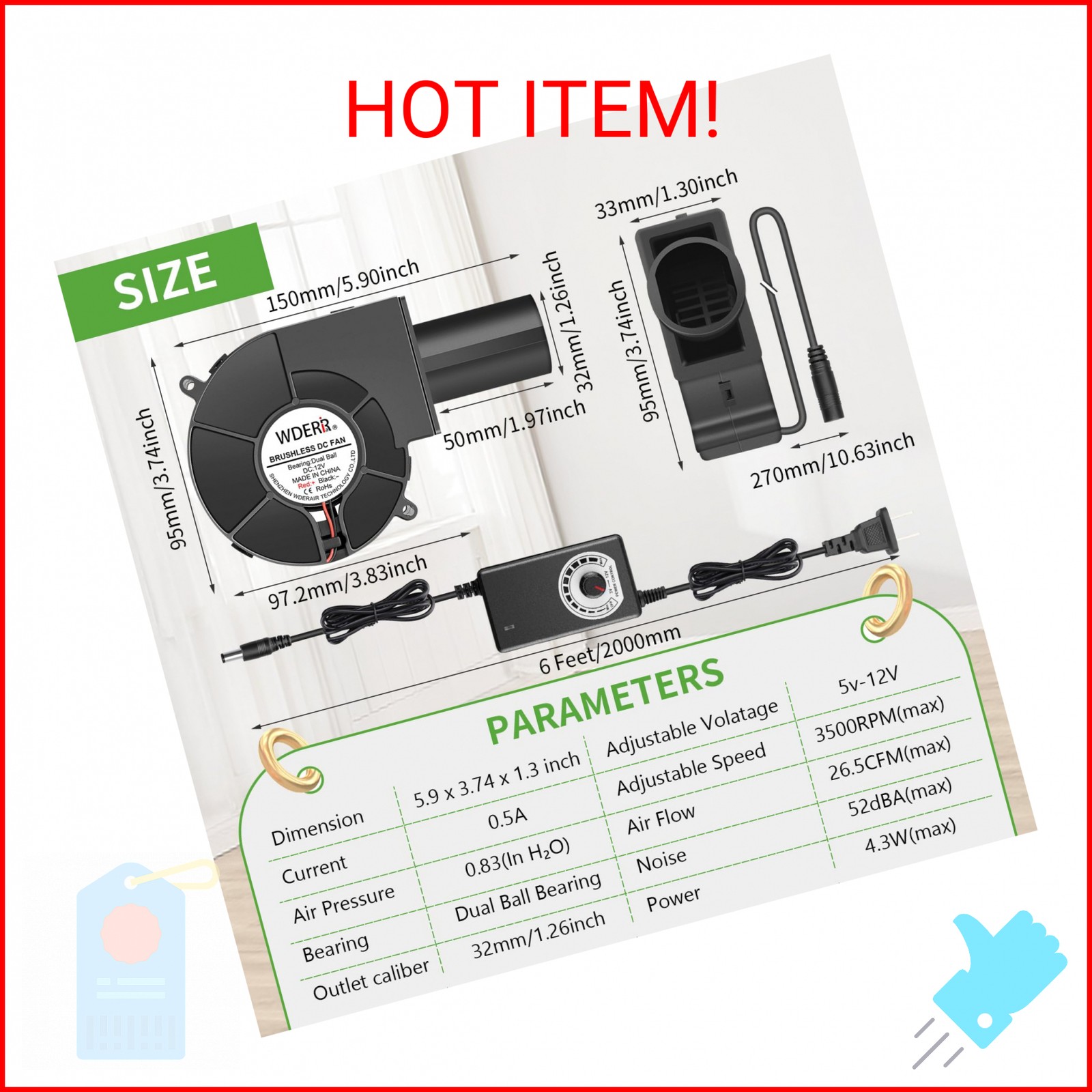 WDERAIR 97mm x 33mm BBQ Blower Fan 12V with 120V – 240V AC Plug Variable Speed C