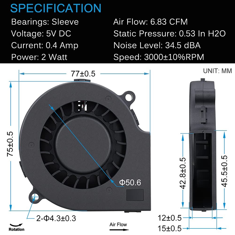 GDSTIME 75mm USB Blower Fan with 3 Speeds Control, 7515 5V DC Brushless Turbi…