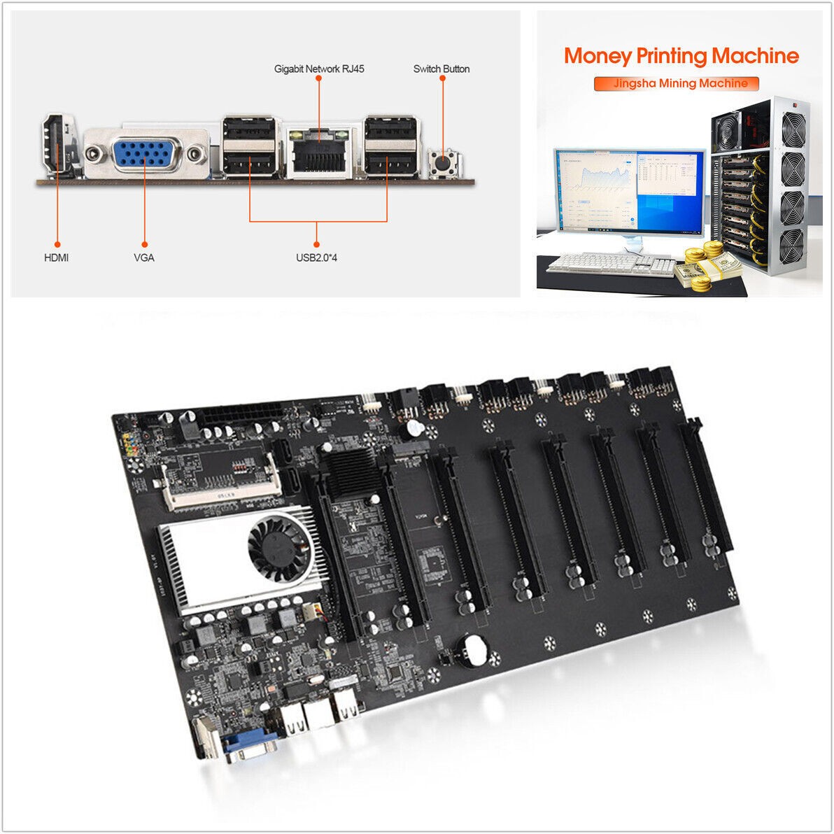Mining Machine Motherboard w/CPU Set 8 Graphics Card Plug DDR3 Memory Integrated