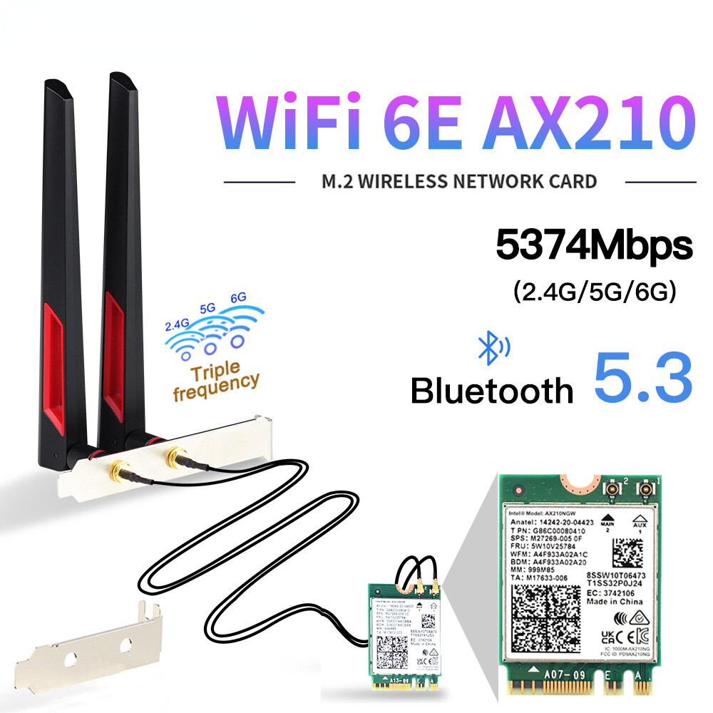 Intel AX210 5374Mbps Tri Band M.2/5.3 802.11ac/ax AX210NGW With 10dbi Antennas