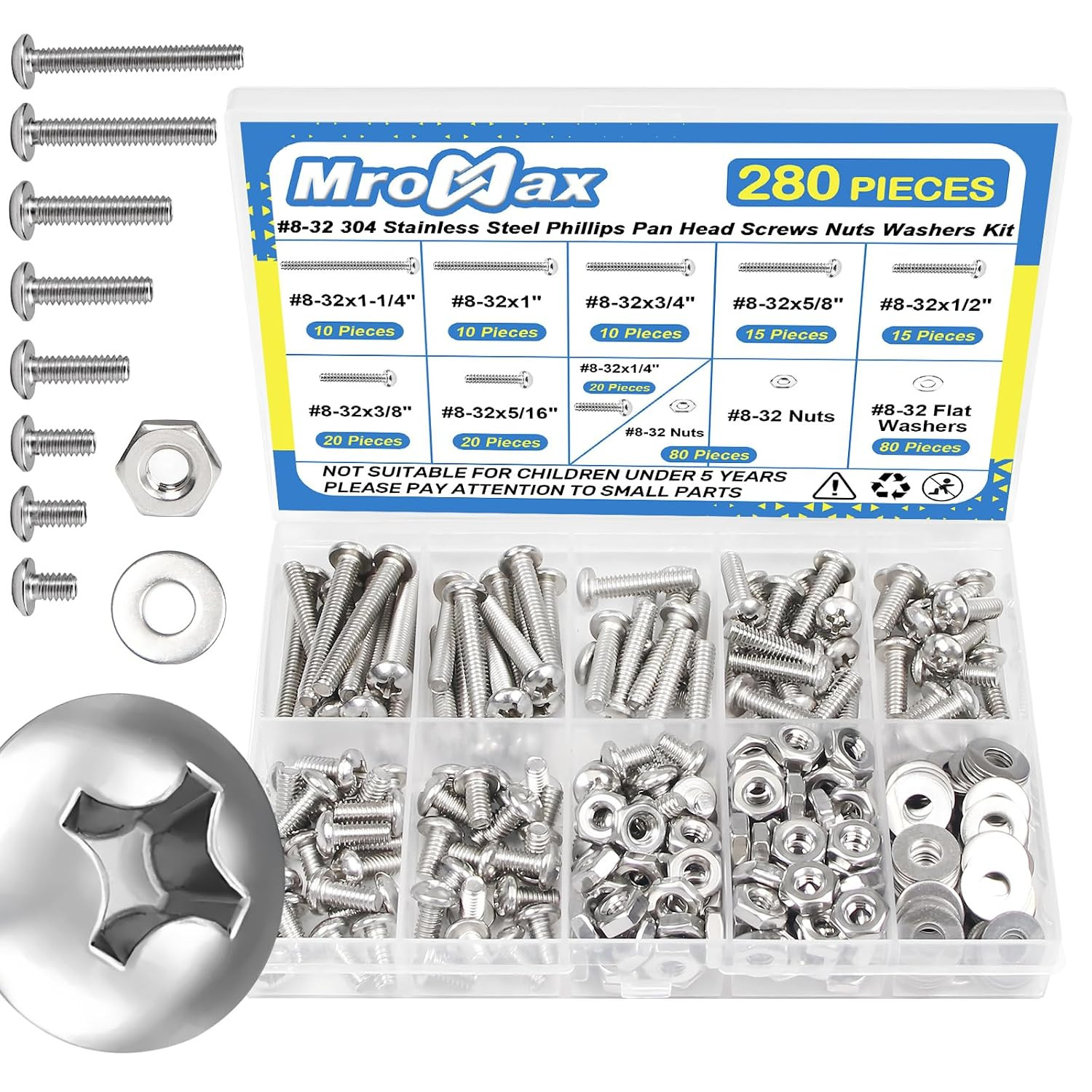 280Pcs #8-32 Phillips Pan Head Machine Screws with Nuts & Washers Assortment Kit