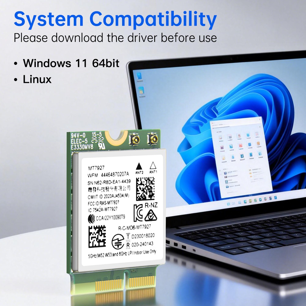 MT7927 Wi-Fi 7 Bluetooth 5.4 M.2 2230 Wireless Network Card 802.11be Tri-Band