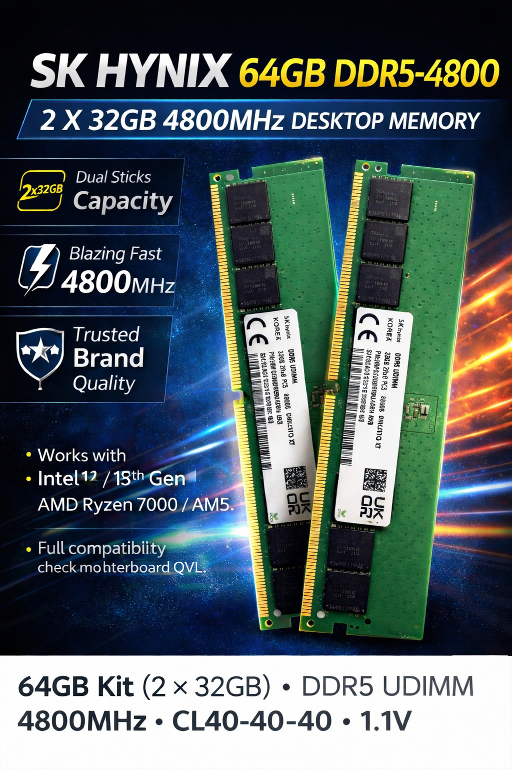 NEW OEM Samsung / Hynix 64GB DDR5 (2x32GB) PC5 34800 4800 UDIMM Desktop Memory