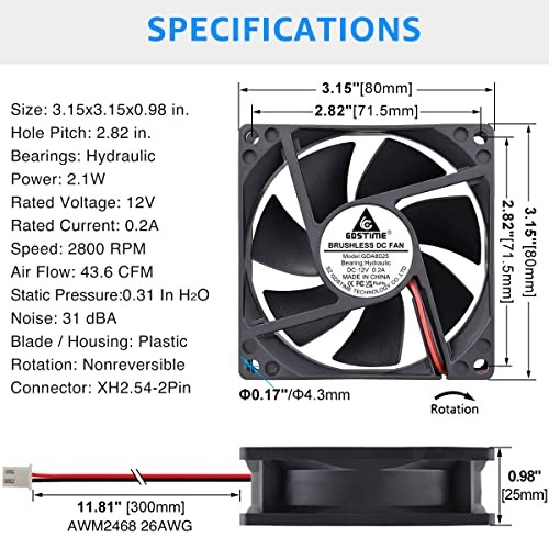 2 Pack 80mm x 80mm x 25mm 12V DC Brushless Cooling Fan 2Pin 80x80x25mm