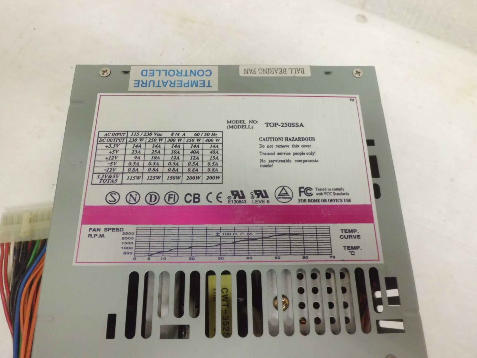TOP-250SSA ATX POWER SUPPLY 20PIN 18INCHES, +5, +12, -5, -12, 4 MOLEX, 2 BERG
