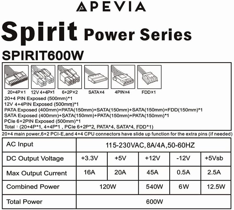 SPIRIT600W Spirit 600W ATX Power Supply with Auto-Thermally Controlled 120Mm Fan