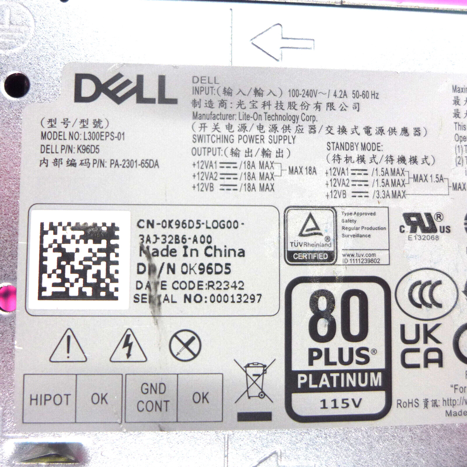 Dell Precision T3460 700 xe4 300W Switching Power Supply L300EPS-01 K96D5