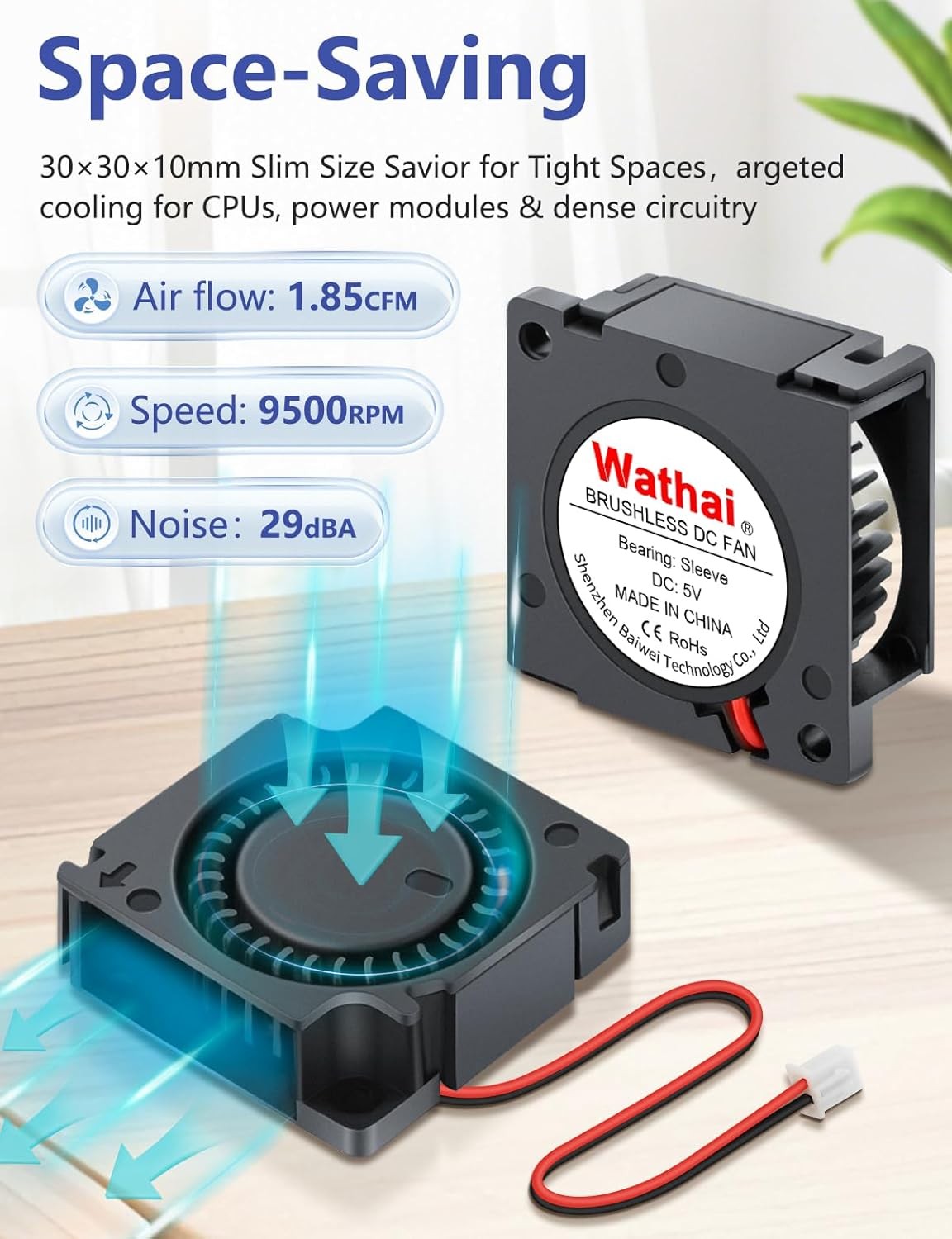 2 Pack Wathai 30mm x 10mm 5V Small DC Brushless Cooling Blower Fan for Electroni
