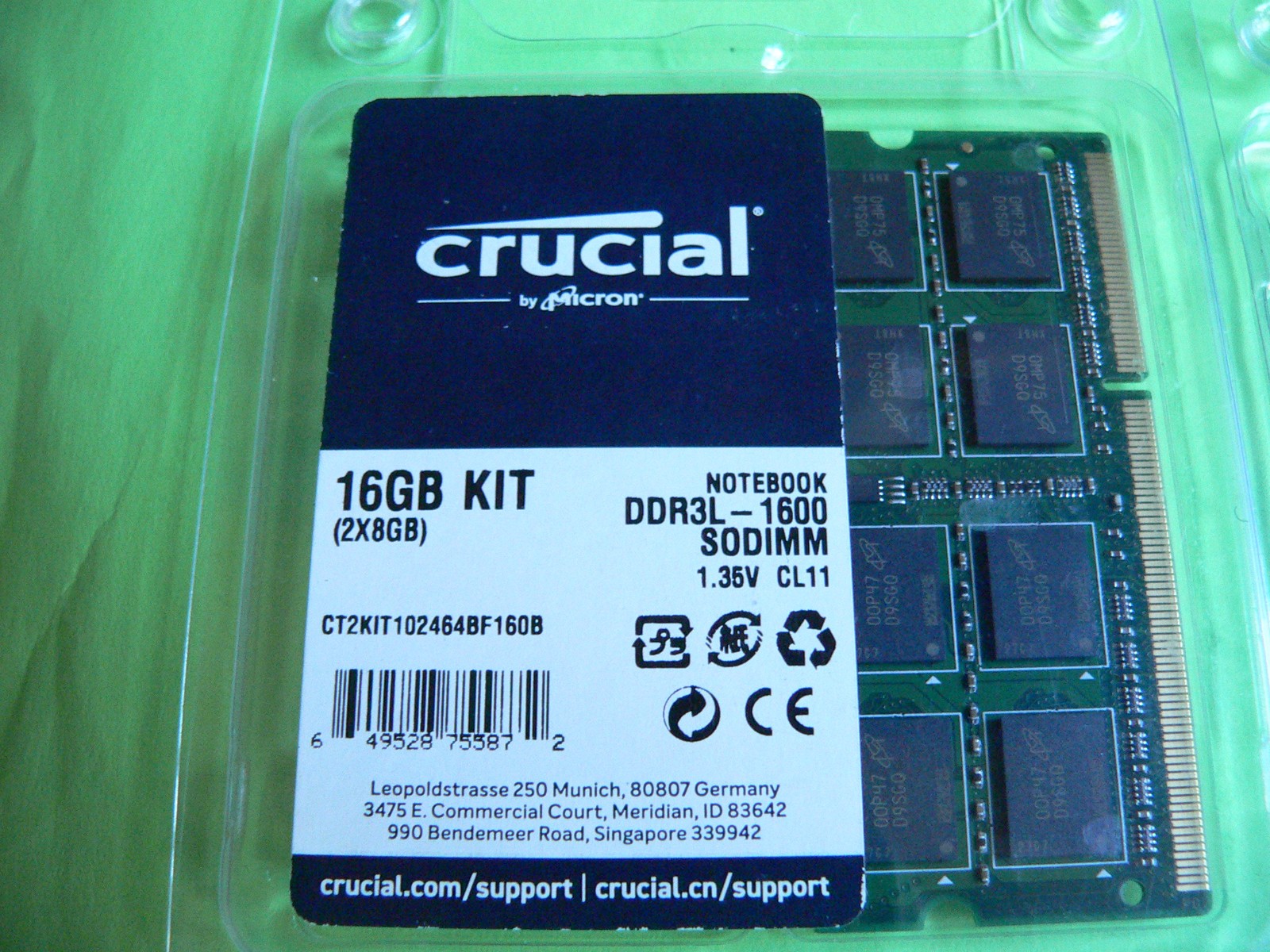 16GB Kit (2x8GB) DDR3L-1600 SODIMM 1.35v CT2KIT102464BF160B Crucial Retail pack