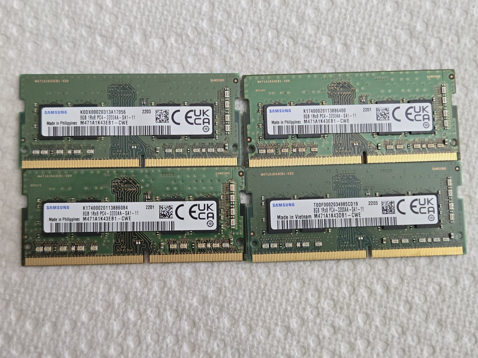 Lot of 4 Samsung 8GB DDR4-3200 Laptop RAM. Clean Pulls. 32GB Total.