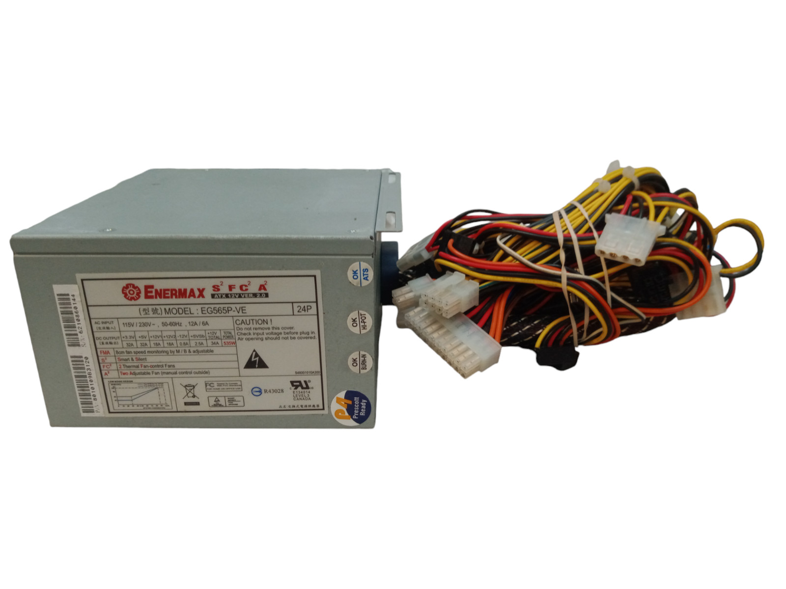 Enermax EG565P-VE S2FC2A2 535W ATX 12V Ver. 2.0 Power Supply/PSU Tested Working