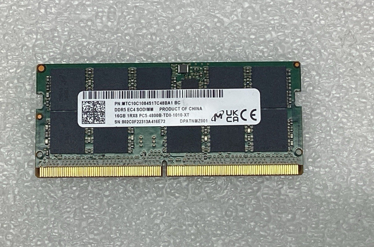 Micron 16GB SoDimm EC4 DDR5-4800B PC5-38400 1Rx8 ECC 1.1V MTC10C1084S1TC48BA1