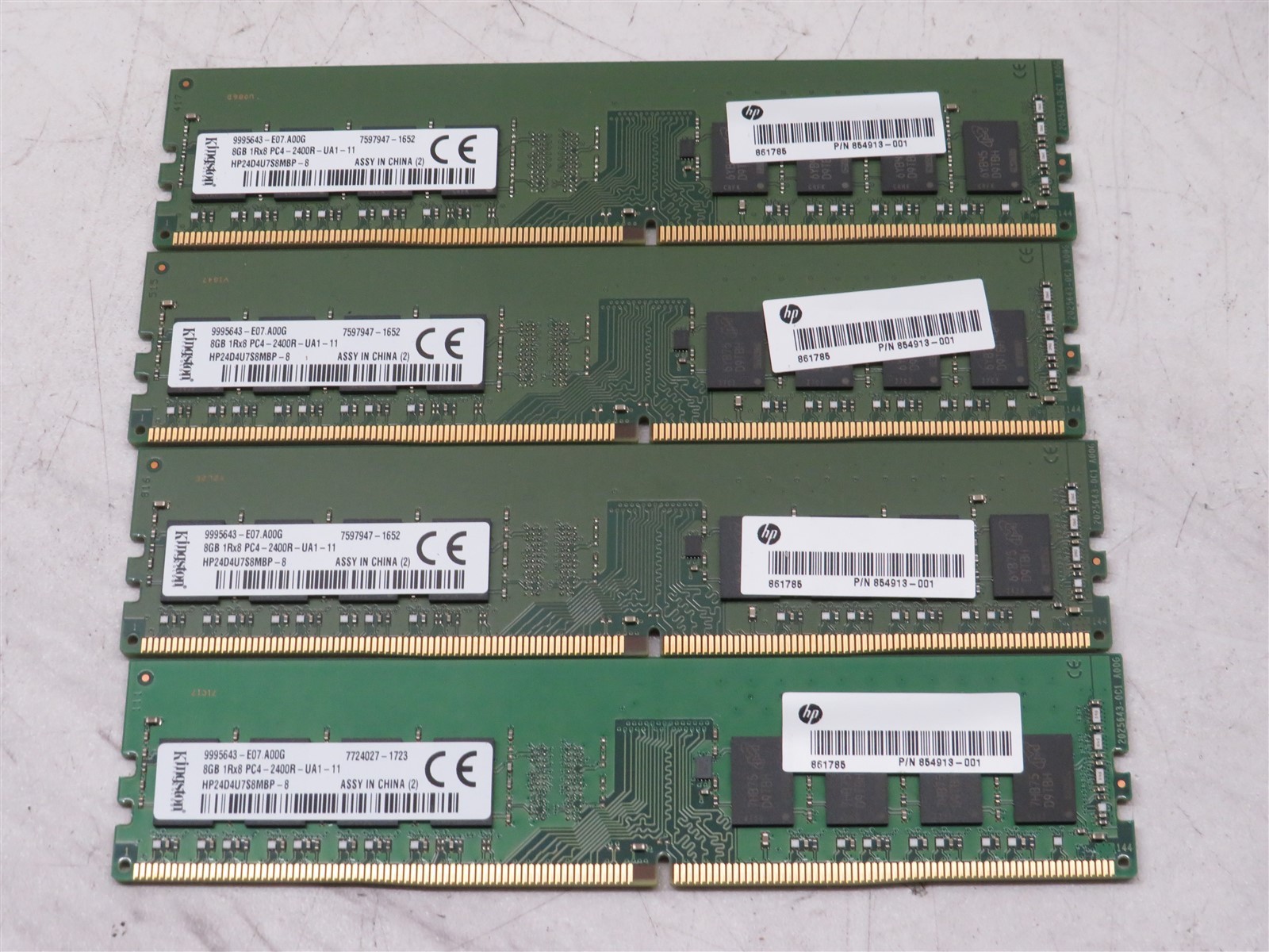 Lot of 4 Kingston 8GB 1Rx8 PC4-2400R-UA1-11 Desktop Memory DDR4 RAM 854913-001