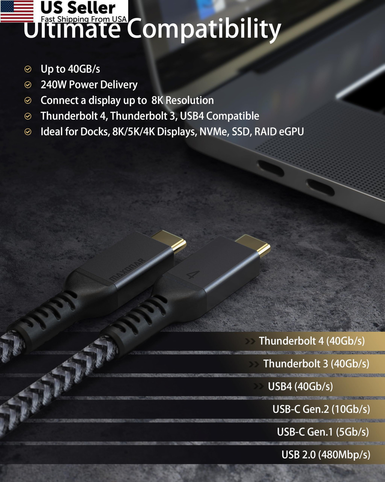 Maxonar [2 Pack 3.3FT] Thunderbolt 4 Cable, 40Gbps Sync, 240W 3.3Ft, Black