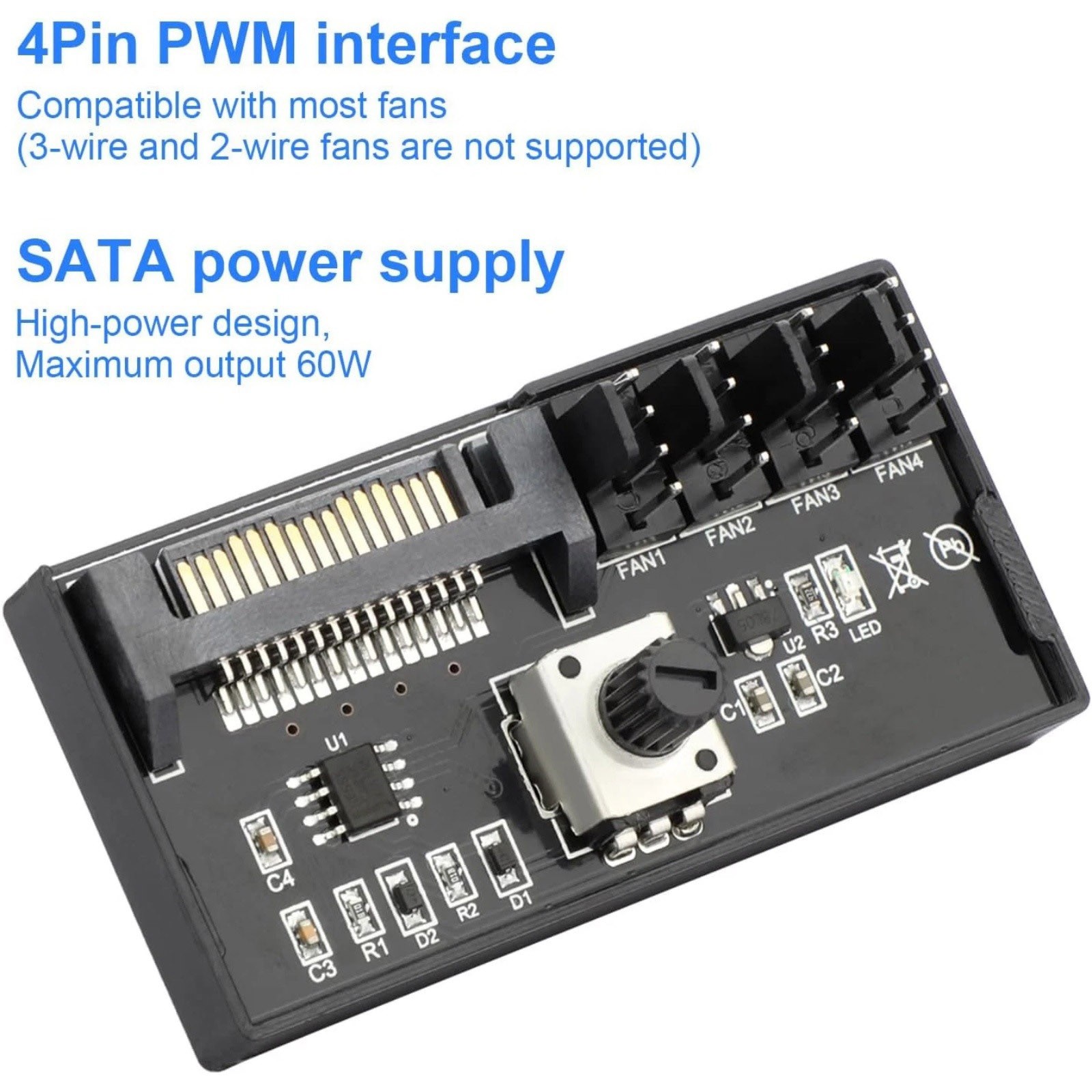 PC System Fan Controller Hub 4 Port PWM SATA Powered 12V 60W Adjustable Cooling