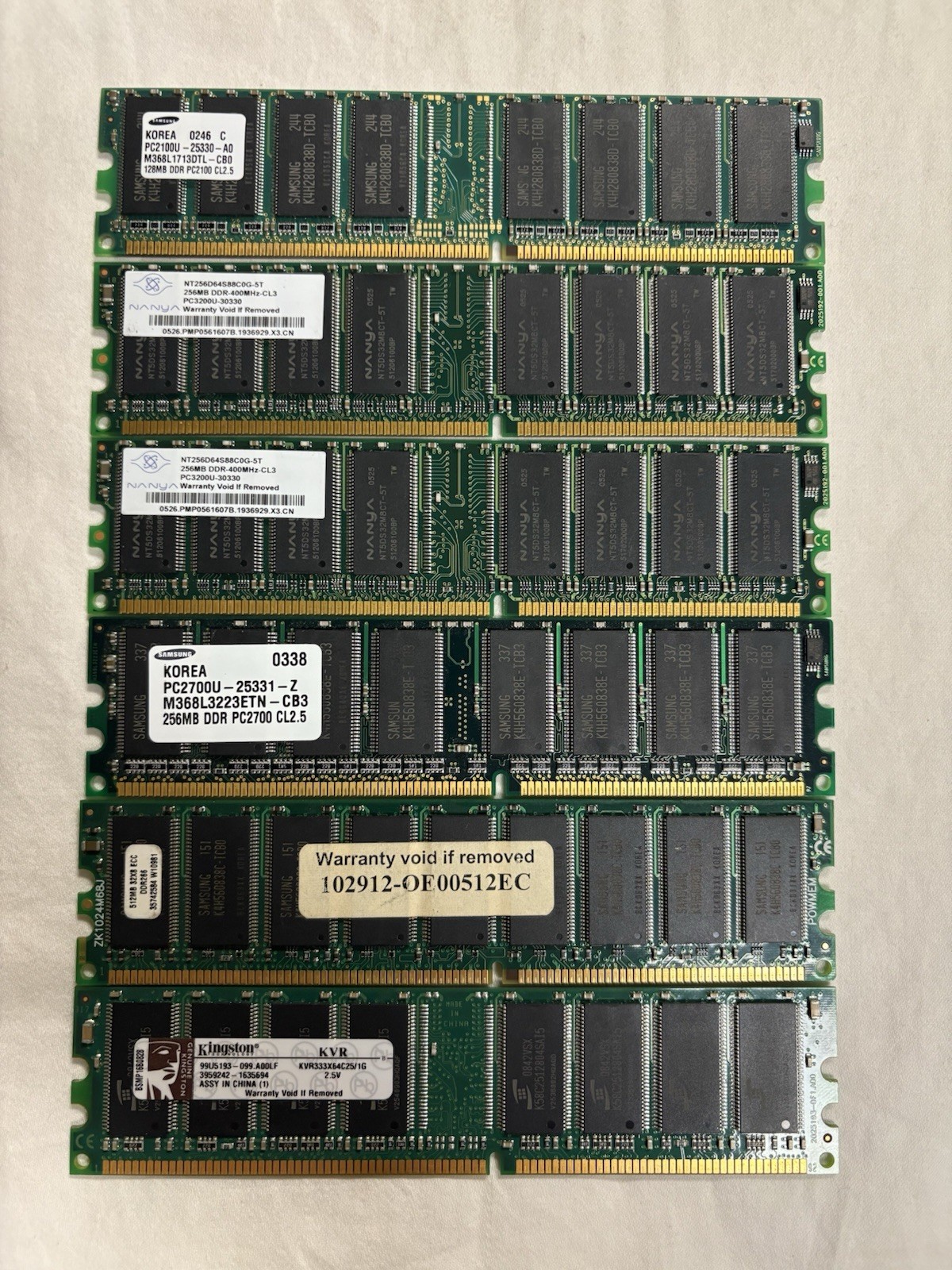 Lot of 6 vintage 184pin DIMM Memory Various brands and sizes from 128MB to 1GB