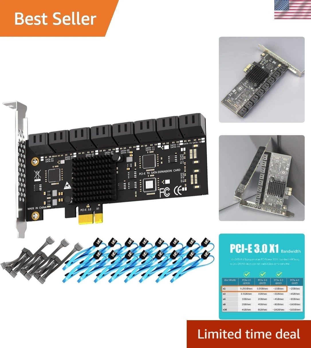 SA3116-C 16-Port PCIe X1 SATA Expansion Card with SATA and Power Cables, Comp…