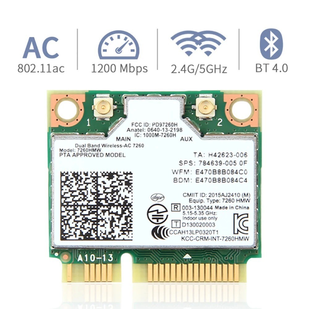 Intel 7260HMW Dual-Band Wireless-AC Card, 802.11ac WiFi + Bluetooth 4.0 for PC