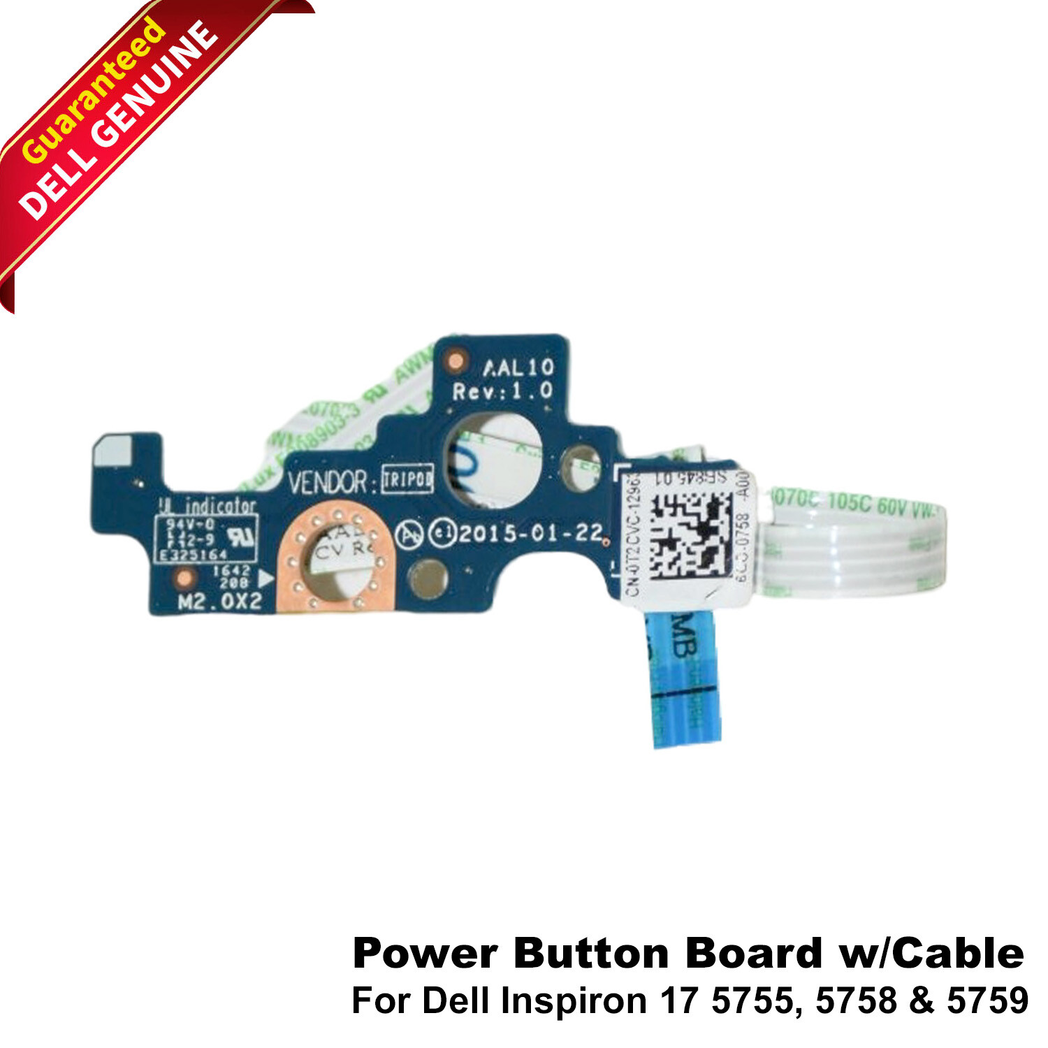 Dell Inspiron 17 5755 5758 5759 Power Button Board with Cable NBX0001QN0 T2CVC