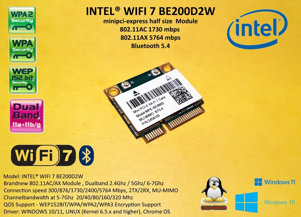 WIFI 7 Mpcie Minipci-express Intel BE200D2W 802.11BE WiFi + Bluetooth 5.4 BE5800