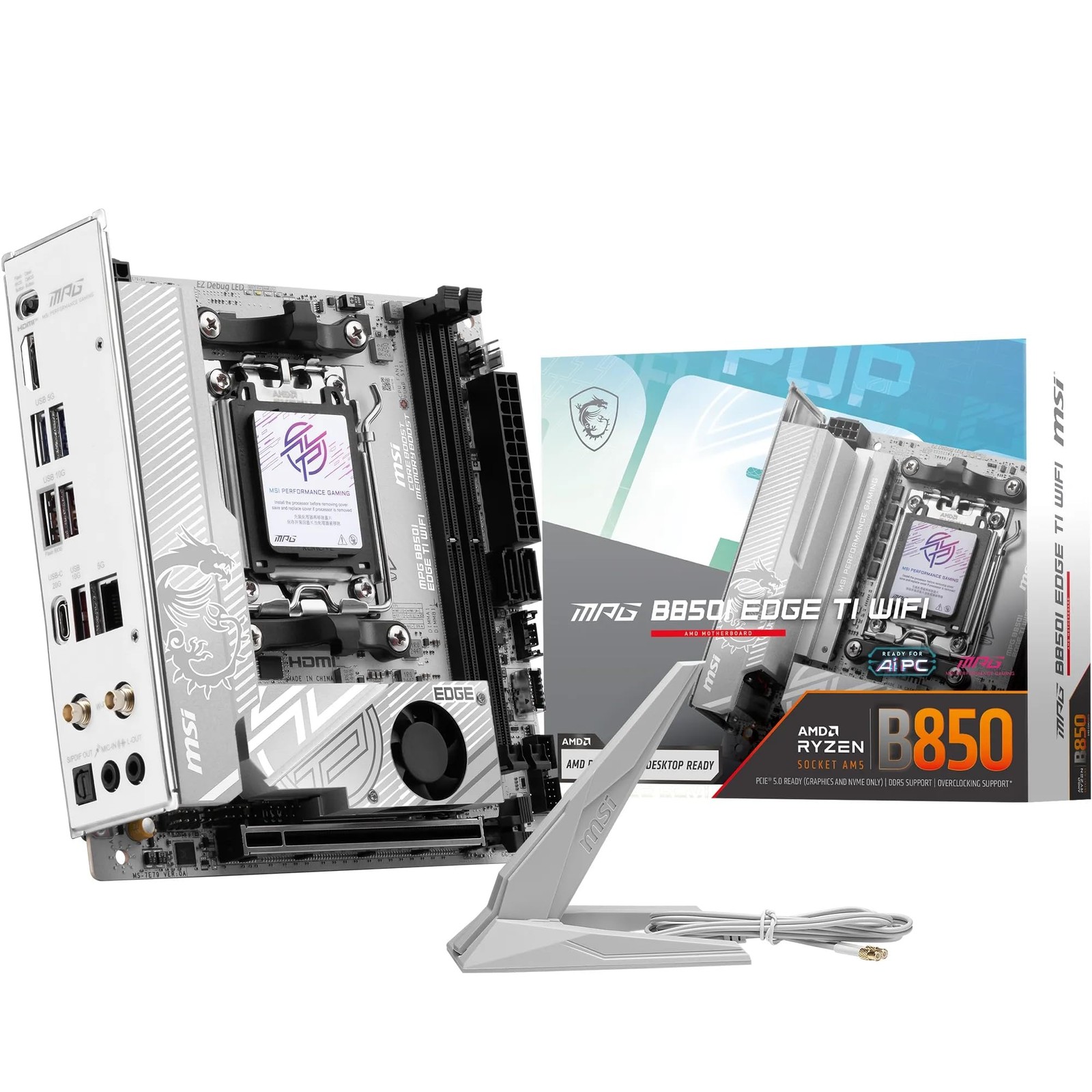 MSI MPG B850I Edge TI WiFi Motherboard, Mini-ITX, ATX – Supports Silver White