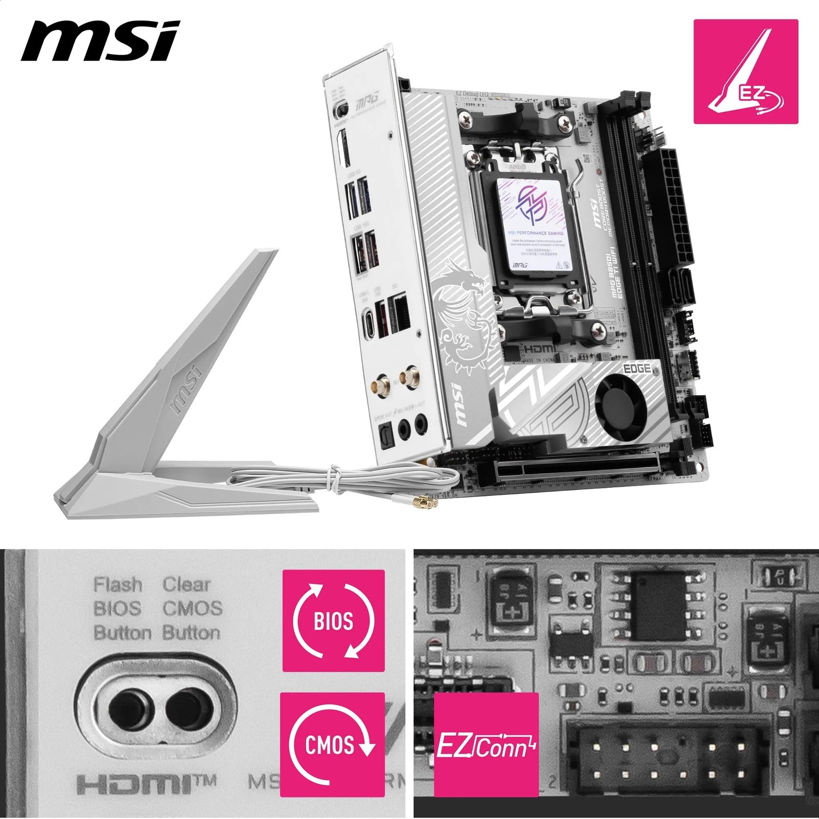 MSI MPG B850I Edge TI WiFi Motherboard, Mini-ITX, ATX – Supports Silver White