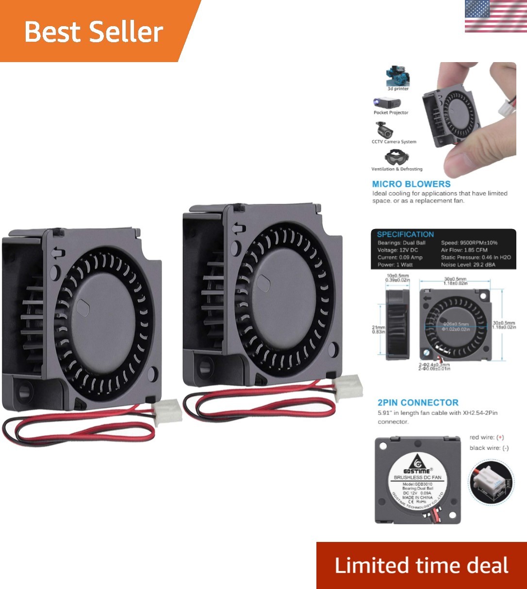 2Pack 30mm x 30mm x 10mm 12V Mini Brushless Cooling Blower Fan Dual Ball Bearing
