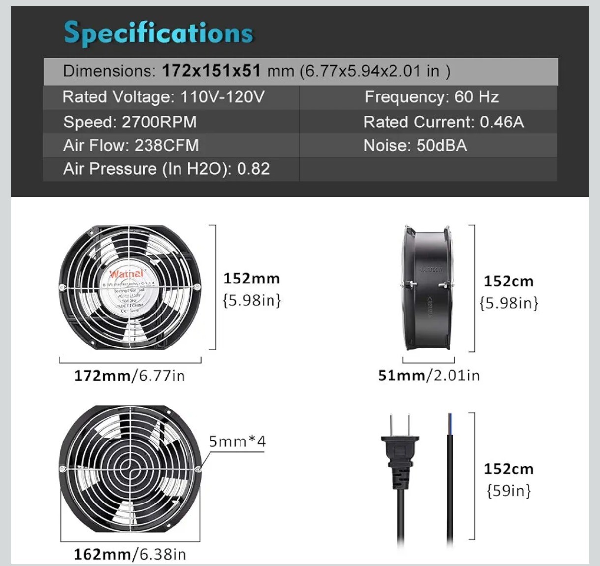 AC 110V 120V Axial Fan Big Airflow High Speed Dual Ball 172mm x 150mm x 51mm …