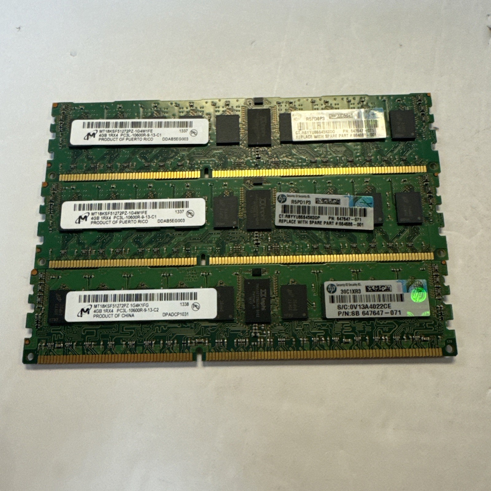 Lot of 3 HP 4GB DDR3L ECC RDIMM PC3L-10600R 1333MHz 647647-071 RAM. Tested