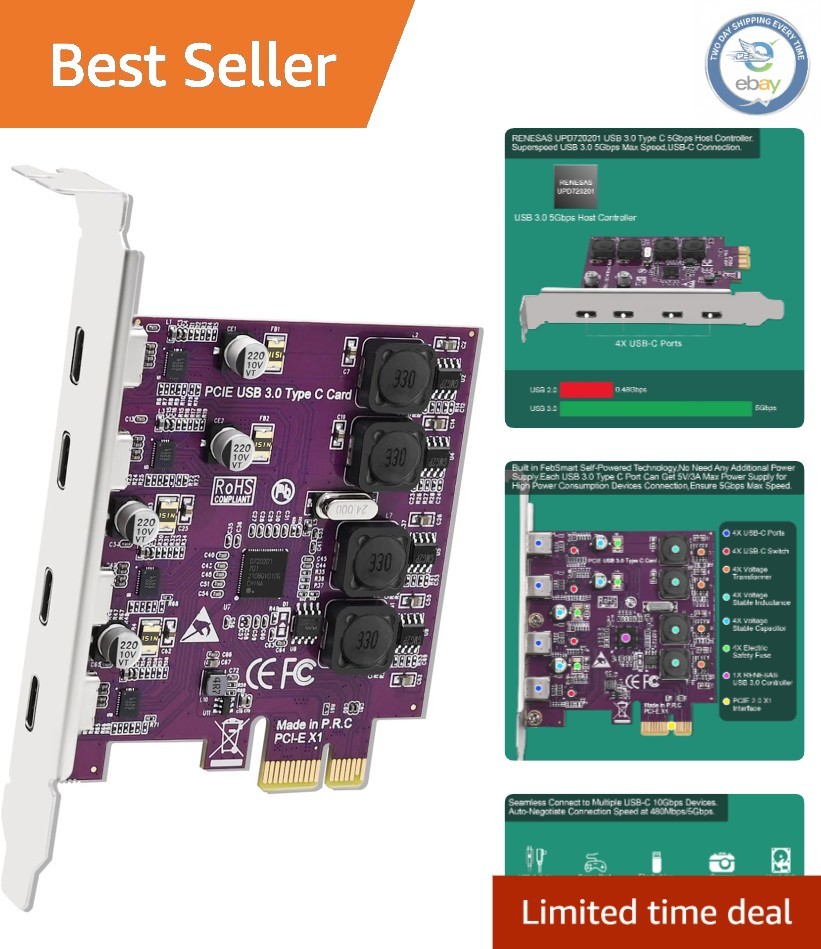 4X 5Gbps USB-C PCI Express Expansion Card for Windows & Linux | FS-U304C-Pro