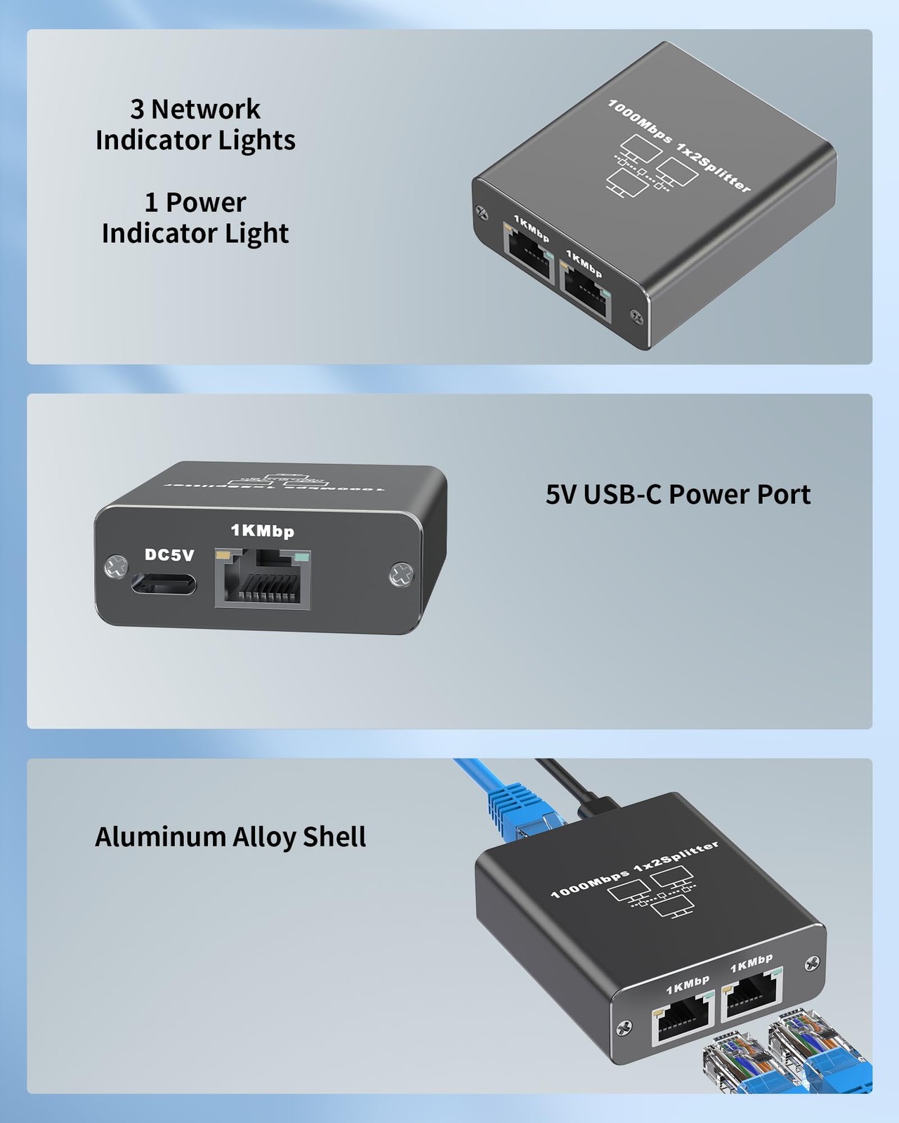 Gigabit Ethernet Splitter 1 to 2, Aluminium LAN Splitter 1000Mbps RJ45 Ethern…