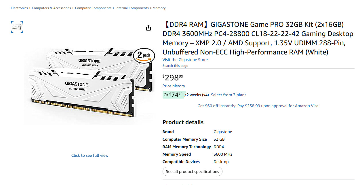 Gigastone game pro 32gb ddr4 ram 3600mhz