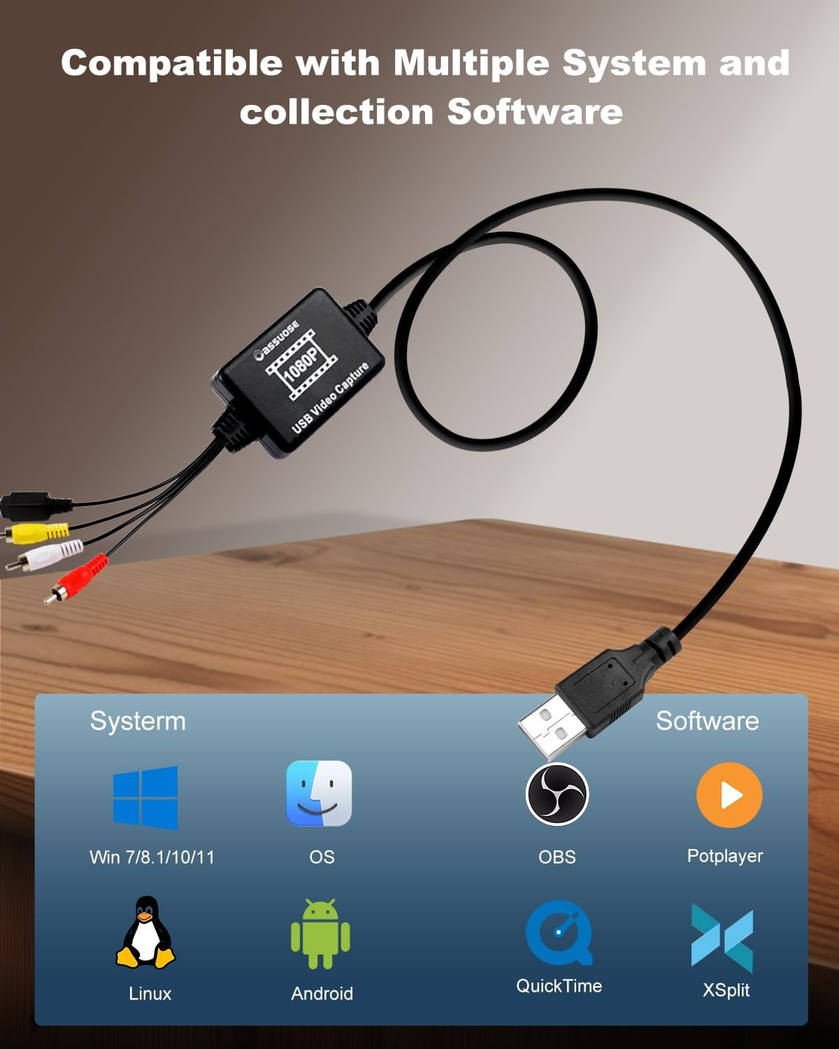 VHS to Digital Converter,USB-A/USB-C Video 1080P Capture Card,RCA/AV to USB2.0 A