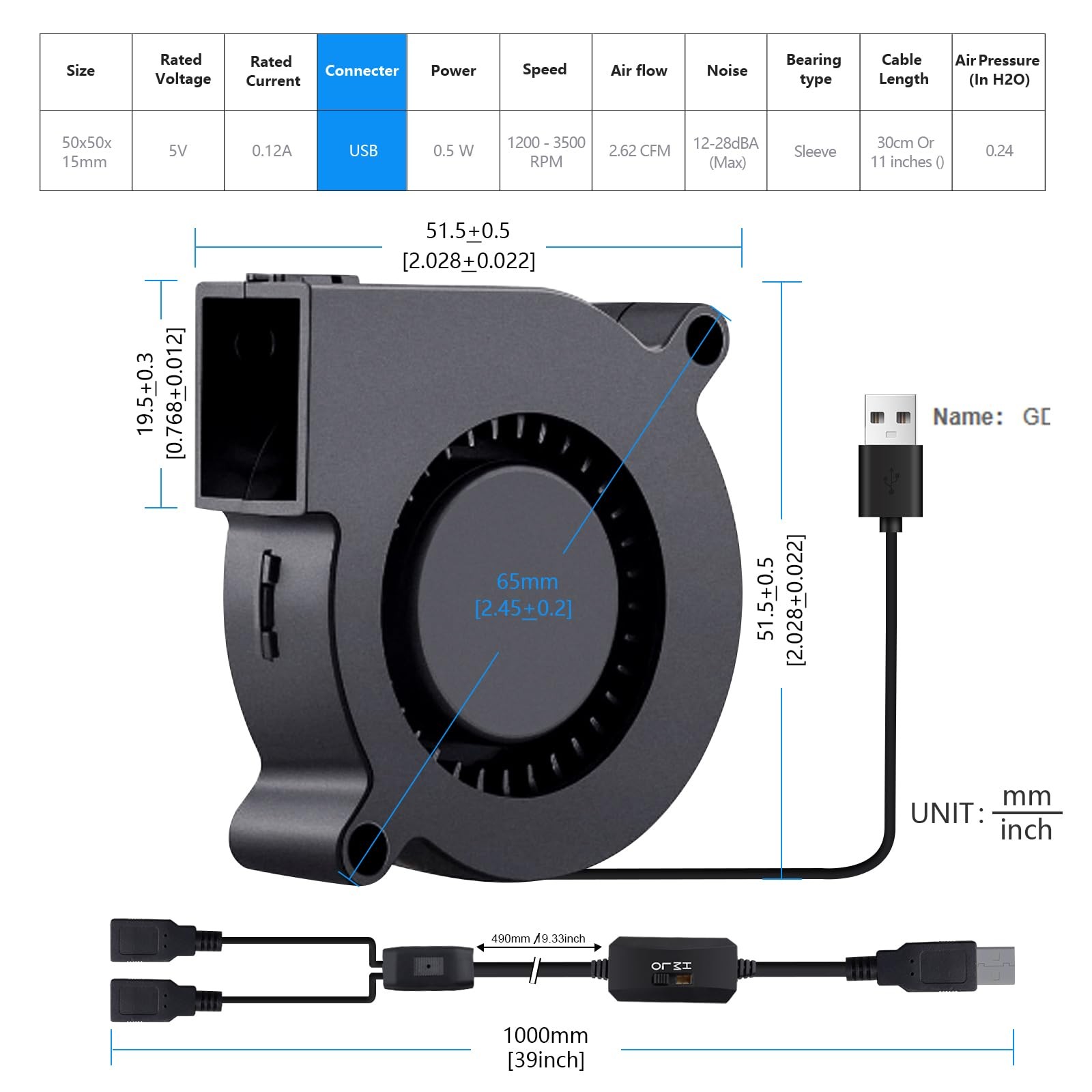50mm x 15mm USB Blower Fan 5V 5015 Brushless Cooling Fans with Variable Speed…