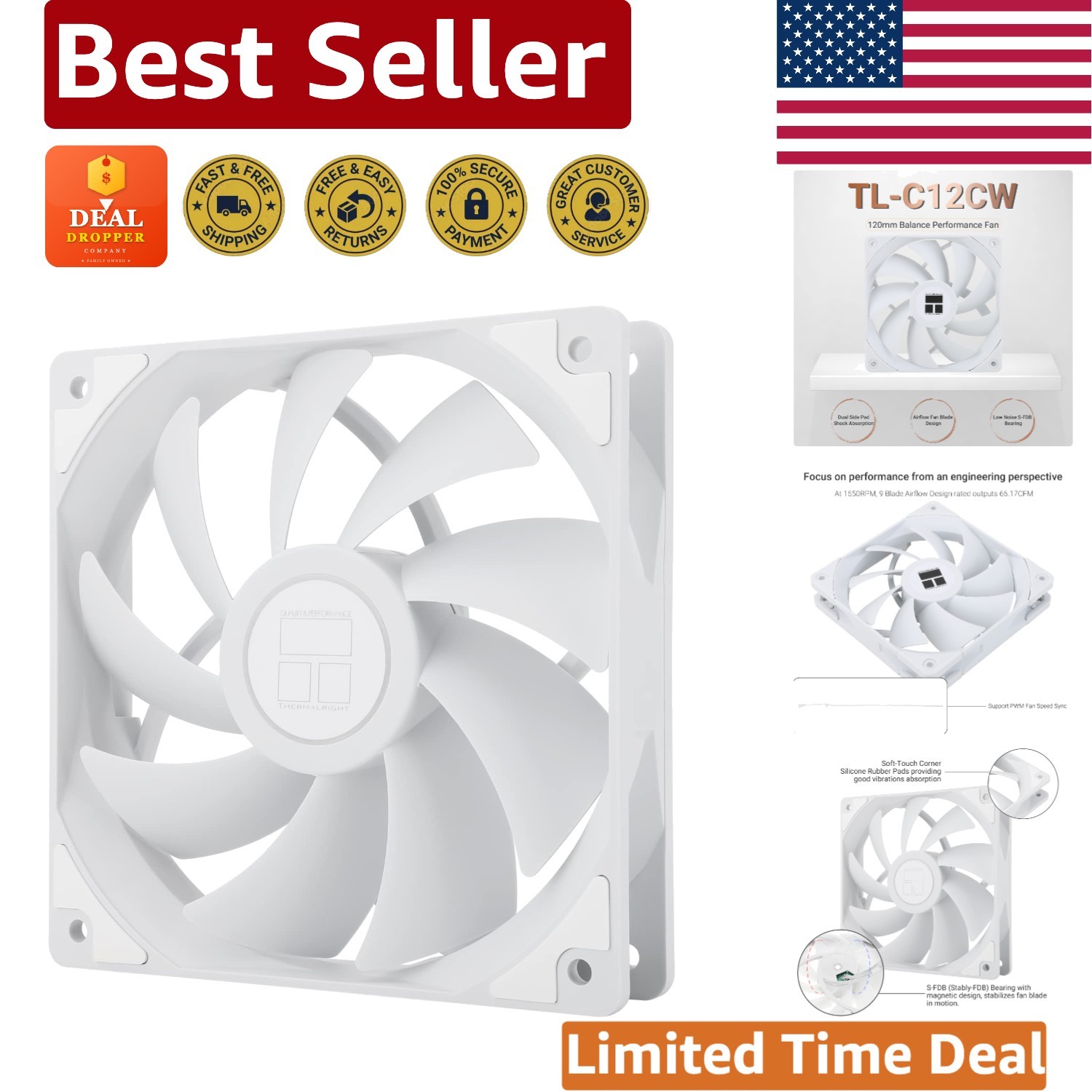 Compact TL-C2CW 4Pin PWM Computer Fan – Efficient 66.7CFM Cooling in White