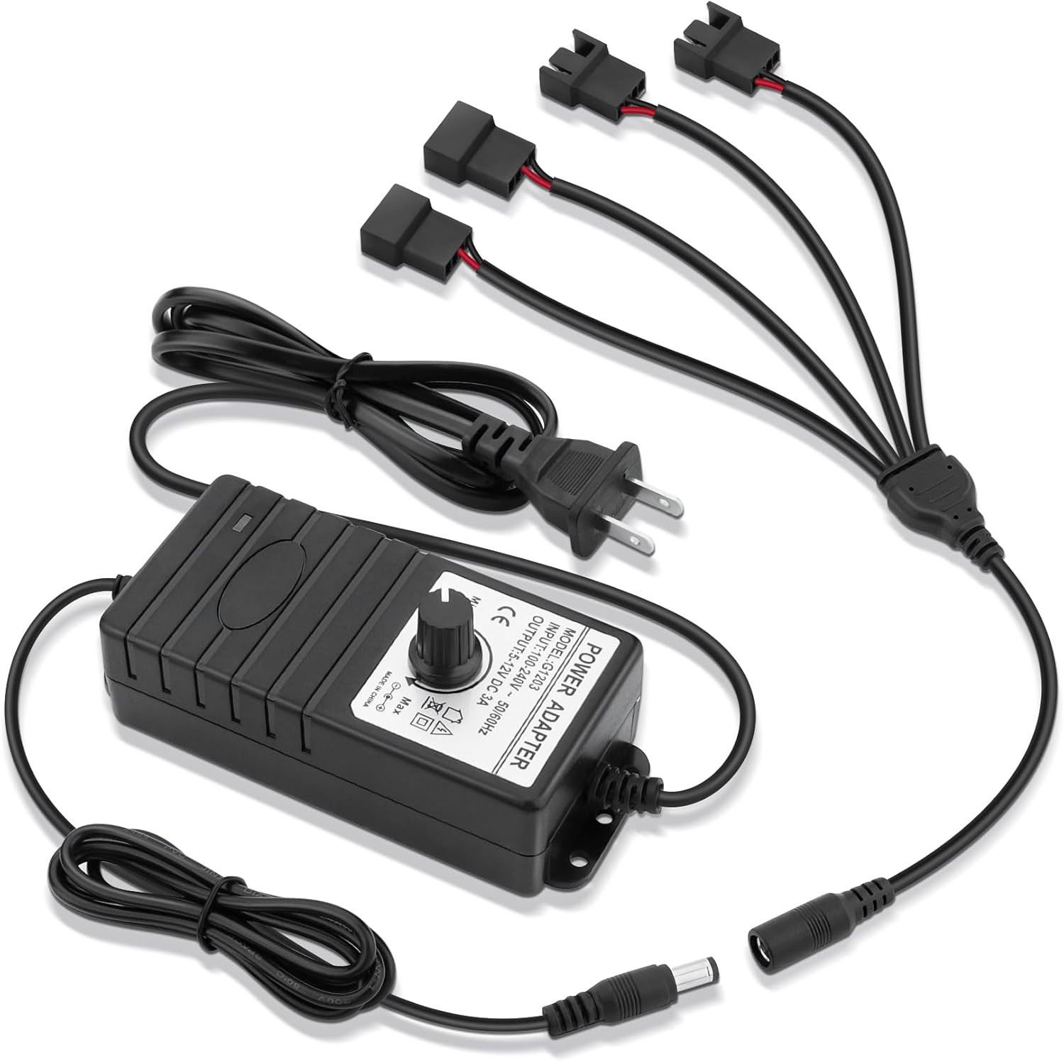 12V 36W Adjustable PC Fan Speed Controller with 4-Port Splitter and Adapter