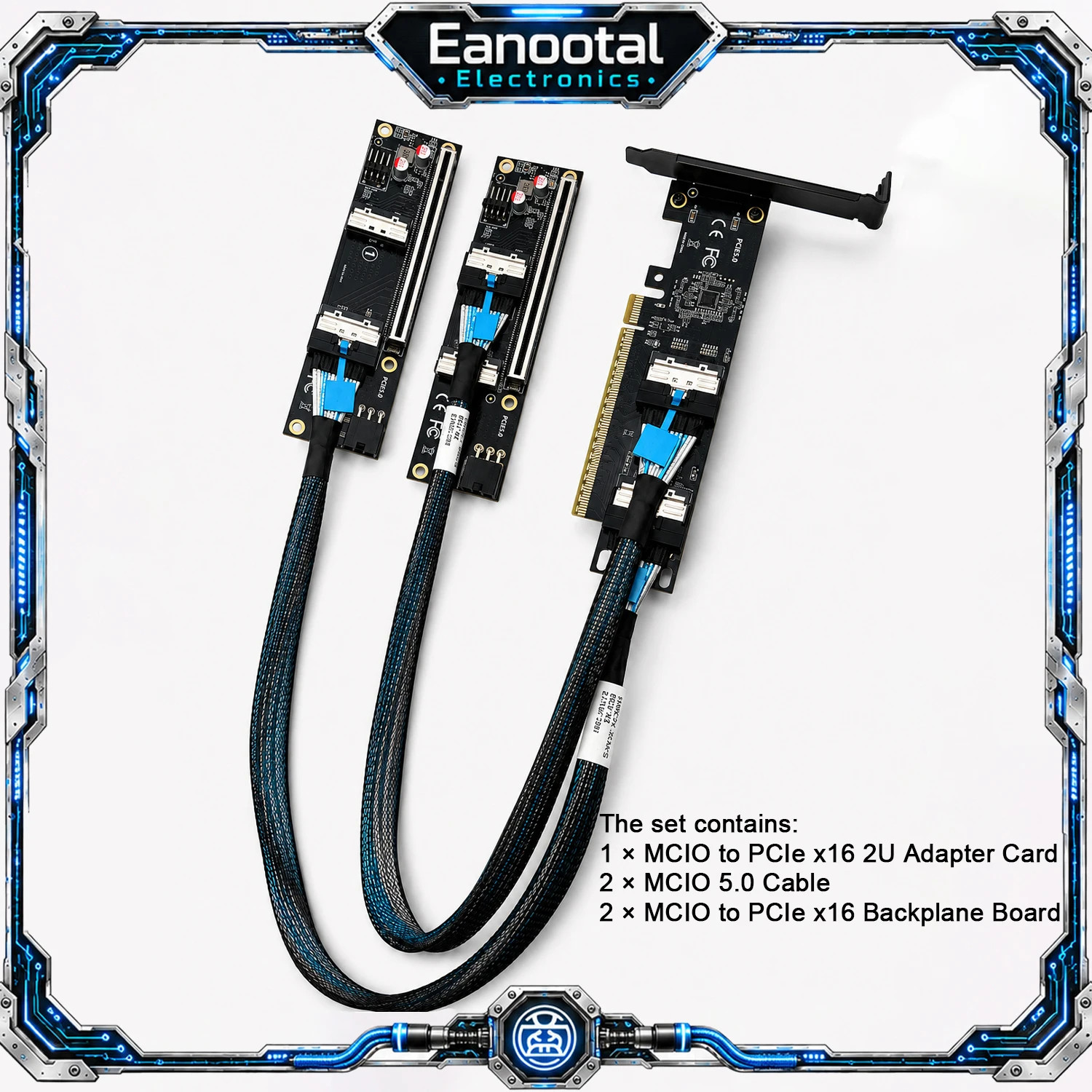 MCIO 5.0 to PCIe 5.0 X16 Expansion Kit Dual MCIO 8i Riser Adapter Card with 2 Ba