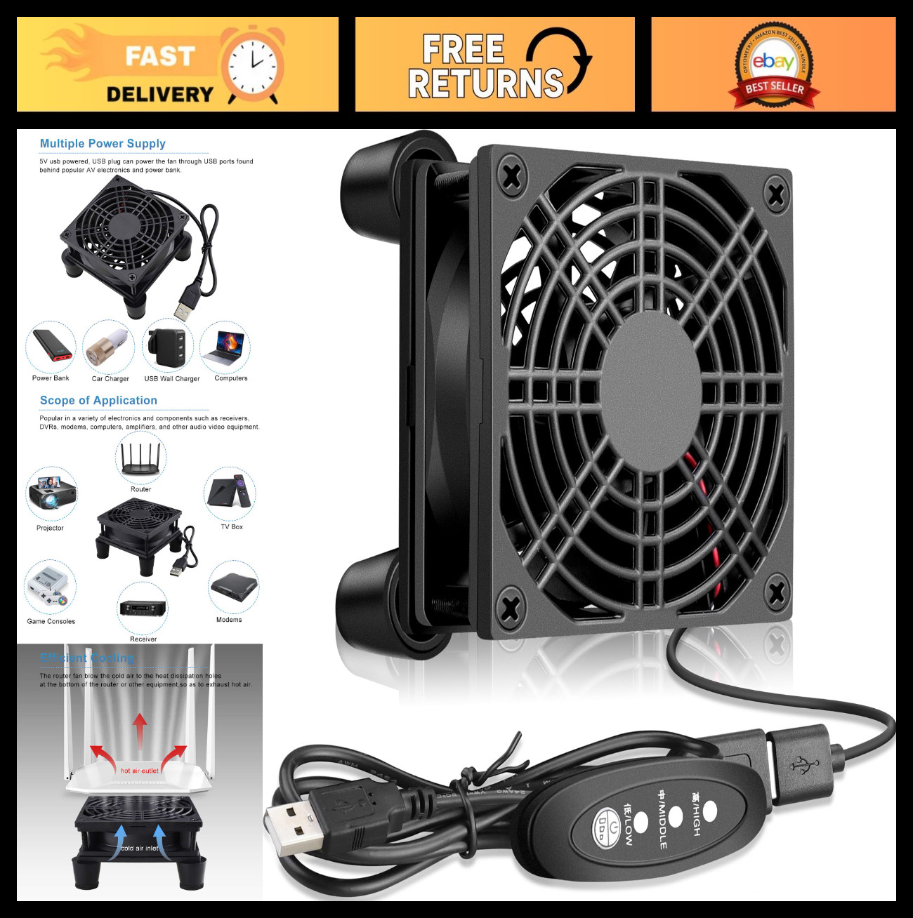 80mm USB Powered Router Fan Cooler with 3 Speed Controller, Case Cooling for Xbo