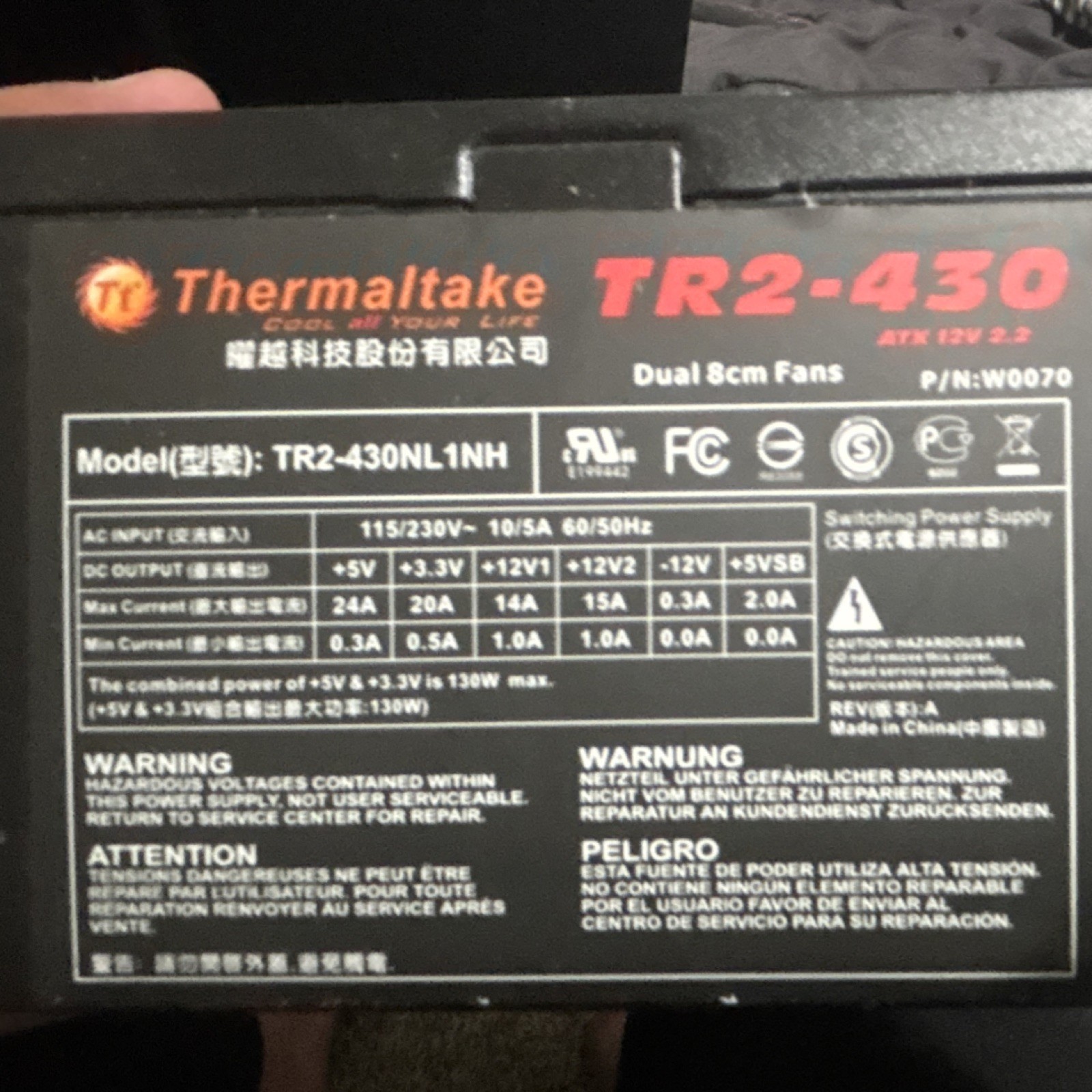 Thermaltake TR2-430 ATX Power Supply 430W Dual Fans 20+4 Pin SATA Molex Floppy