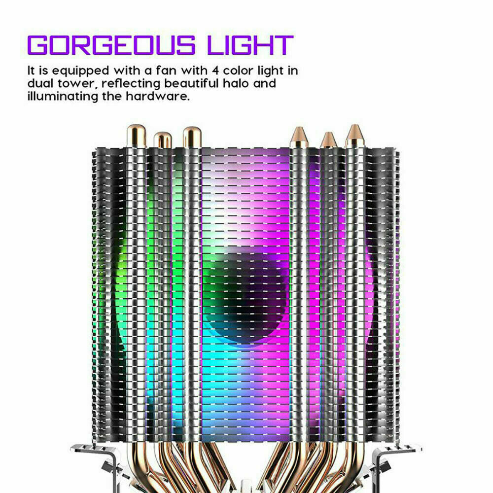 6 Heat Pipes CPU Cooler Cooling Fan 3 Pin PWM RGB Intel LGA Core AMD Universal