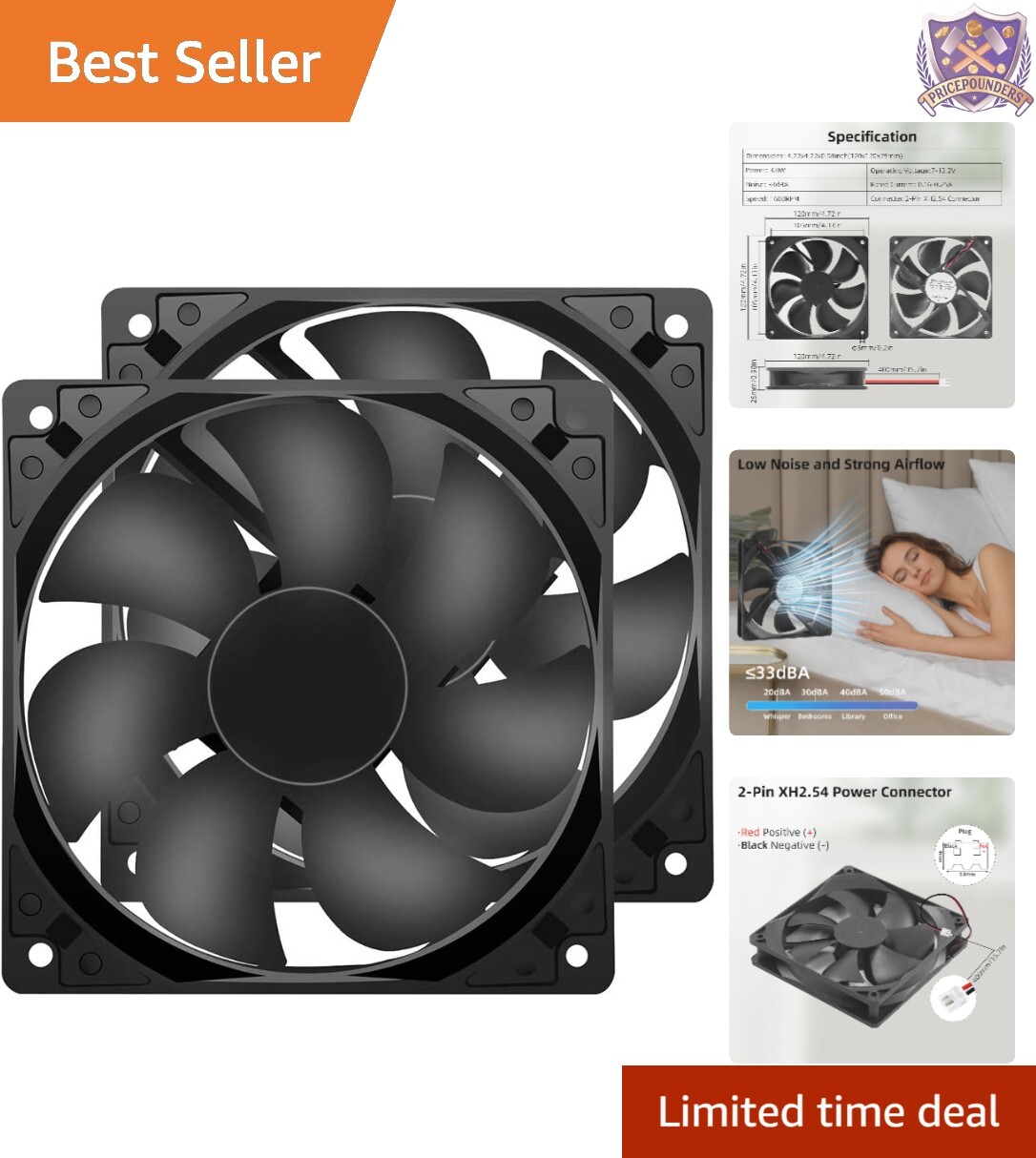 12V DC Fan PBT 120mm 1600RPM Low Noise Cooling 2-Pack for Computer Equipment