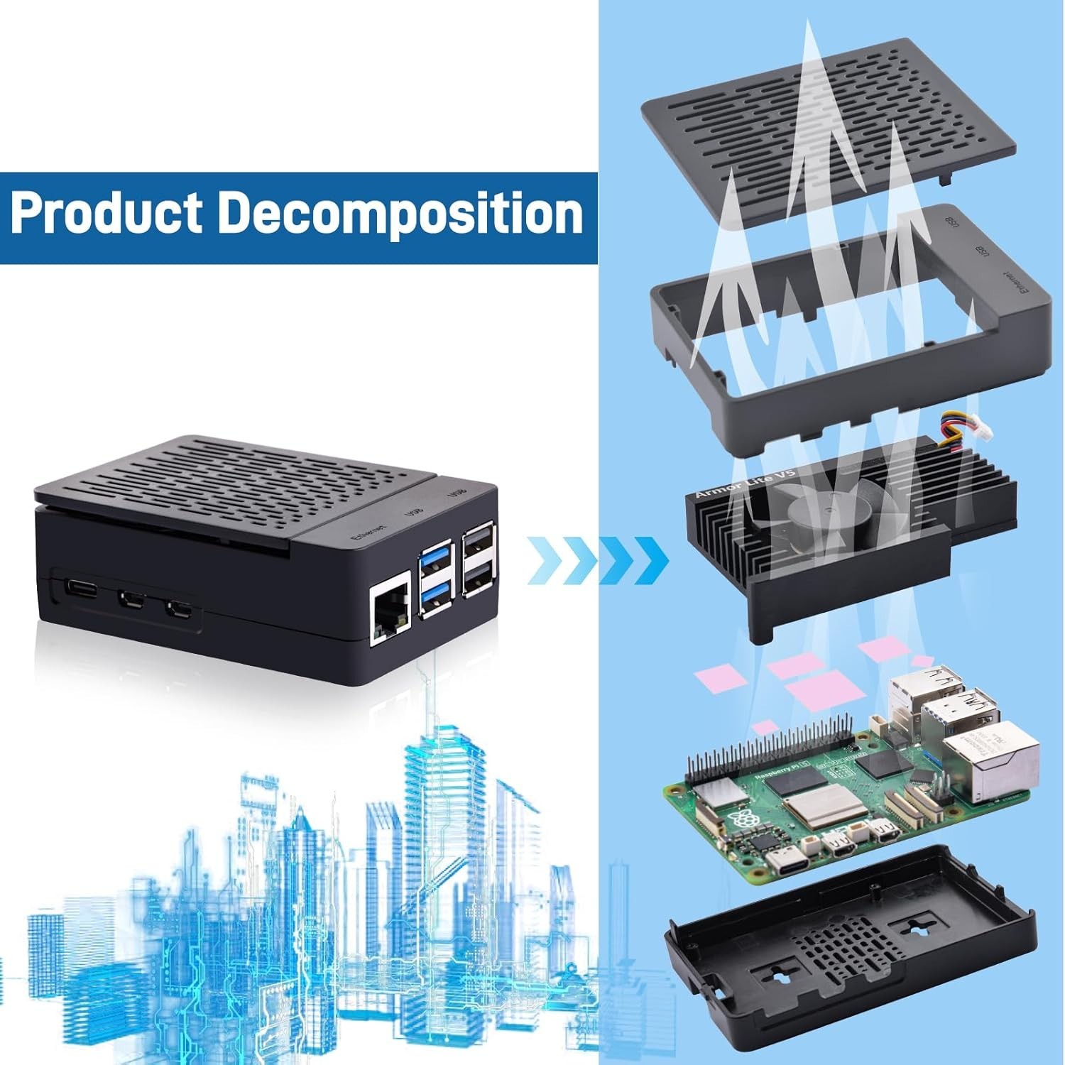 Raspberry Pi 5 Case with Heatsink & Fan – Active Cooling, Black