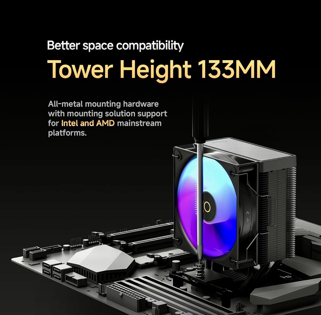 Gamma A40 ARGB BK CPU Cooler,100Mm PWM Fan,133Mm Height Single Tower Computer Co