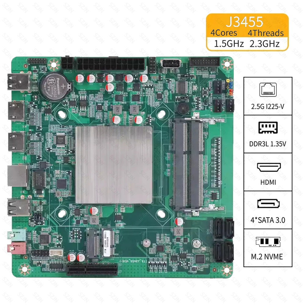 J3455 Mini ITX Motherboard Nas Set Support DDR3L RAM 6*SATA3.0 2.5G RJ45 I226-V